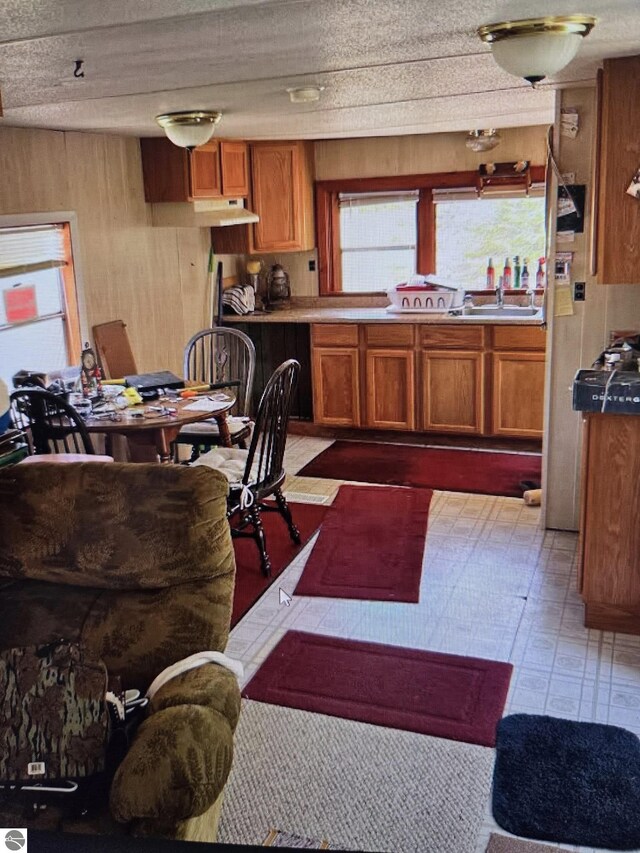 4151 Fraser Rd, Glennie, MI 48737 - kitchen with brown cabinets, a sink, wood walls, and light flooring
