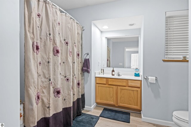 8565 Bent Pine Dr, Lake Ann, MI 49650 - bathroom featuring wood finished floors, toilet, vanity, baseboards, and a shower with curtain