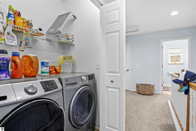 8565 Bent Pine Dr, Lake Ann, MI 49650 - laundry room featuring washer and clothes dryer, carpet, baseboards, and recessed lighting
