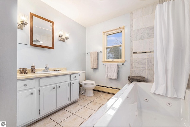 4120 M-66, Kalkaska, MI 49646 - bathroom featuring a baseboard heating unit, toilet, tile patterned floors, vanity, and a combined bath / shower with jetted tub