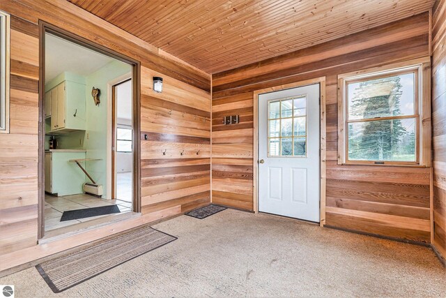4120 M-66, Kalkaska, MI 49646 - doorway with wooden walls, wooden ceiling, baseboard heating, and light carpet
