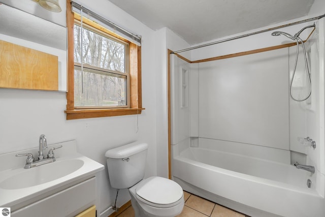 full bath featuring toilet, shower / bath combination, vanity, and tile patterned flooring