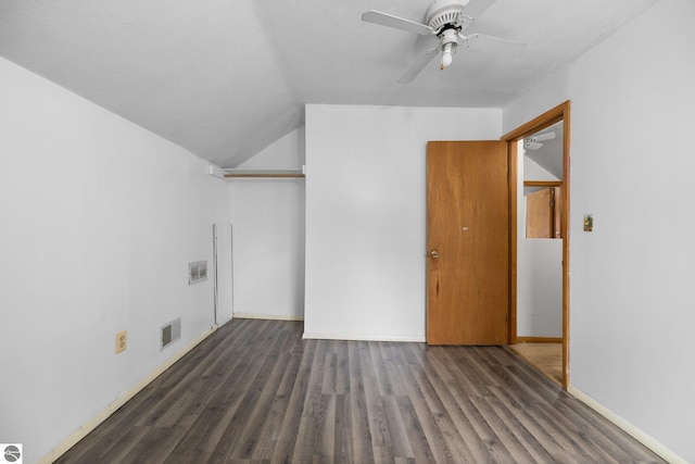 additional living space featuring wood finished floors, ceiling fan, lofted ceiling, and baseboards