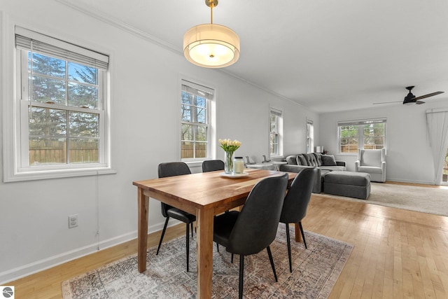 5945 E M-55, Cadillac, MI 49601 - dining space featuring light wood-style floors, crown molding, baseboards, and a ceiling fan
