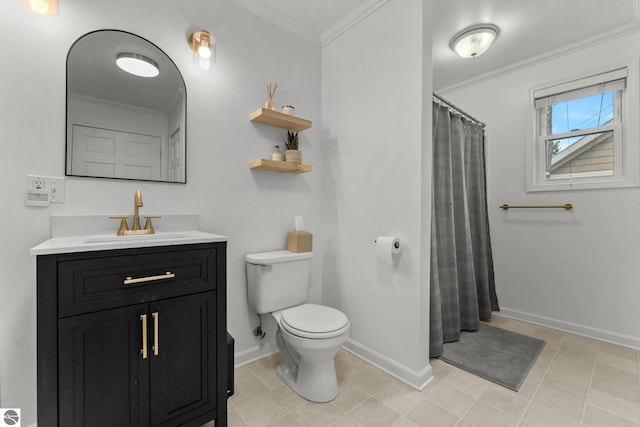 5945 E M-55, Cadillac, MI 49601 - full bathroom with baseboards, toilet, vanity, ornamental molding, and curtained shower