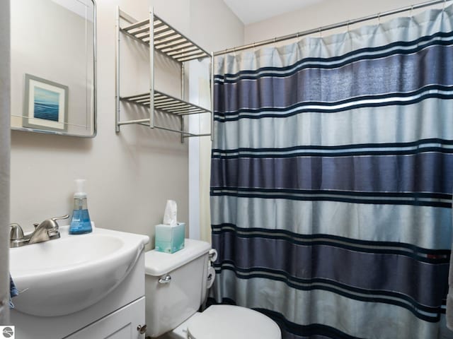 full bathroom with toilet, vanity, and a shower with curtain