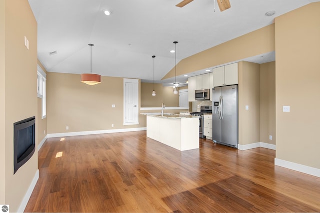 10889 Pine Bluff Dr Unit C, Traverse City, MI 49684 - kitchen with stainless steel appliances, vaulted ceiling, an island with sink, a sink, and a glass covered fireplace