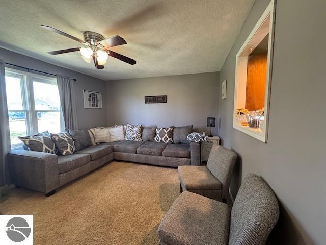 2195 S Sara Dr, Lake City, MI 49651 - living room featuring ceiling fan and a textured ceiling