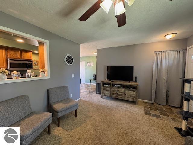 2195 S Sara Dr, Lake City, MI 49651 - carpeted living room with ceiling fan and a textured ceiling