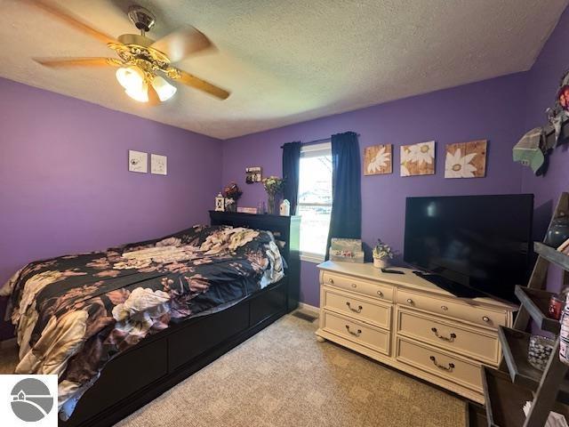 2195 S Sara Dr, Lake City, MI 49651 - bedroom with carpet flooring, ceiling fan, and a textured ceiling