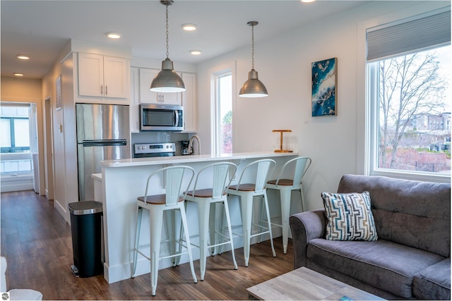 kitchen with appliances with stainless steel finishes, open floor plan, a kitchen bar, dark wood-type flooring, and pendant lighting