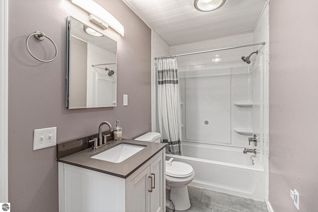 4507 Maidens Rd, Onekama, MI 49675 - bathroom with shower / bath combination with curtain, toilet, vanity, and tile patterned floors
