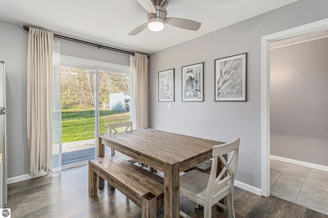 4507 Maidens Rd, Onekama, MI 49675 - dining space featuring a ceiling fan, dark wood finished floors, and baseboards