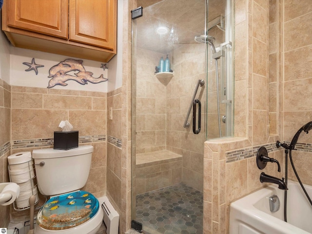 9311 Whipple Shores Dr, Clarkston, MI 48348 - bathroom with tile walls, a tile shower, toilet, and a tub to relax in