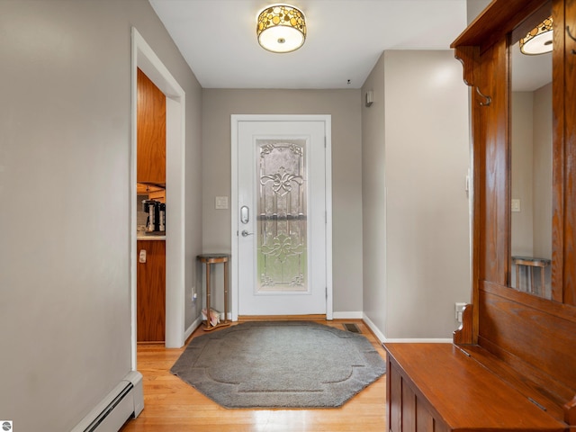 9311 Whipple Shores Dr, Clarkston, MI 48348 - doorway to outside featuring a baseboard radiator, light wood finished floors, and baseboards
