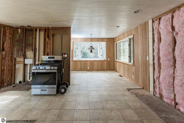 3080 N Lake Leelanau Dr, Lake Leelanau, MI 49653 - kitchen with stainless steel range with gas cooktop and wood walls
