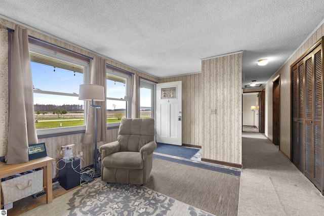 3610 S Call Rd, Lake City, MI 49651 - sitting room with a textured ceiling, wallpapered walls, and carpet