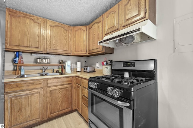 3610 S Call Rd, Lake City, MI 49651 - kitchen featuring stainless steel gas range, a sink, under cabinet range hood, light countertops, and light wood-style flooring