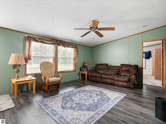 12036 SW Spring Creek Rd, Fife Lake, MI 49633 - living room featuring ornamental molding, a ceiling fan, wood finished floors, a textured ceiling, and vaulted ceiling