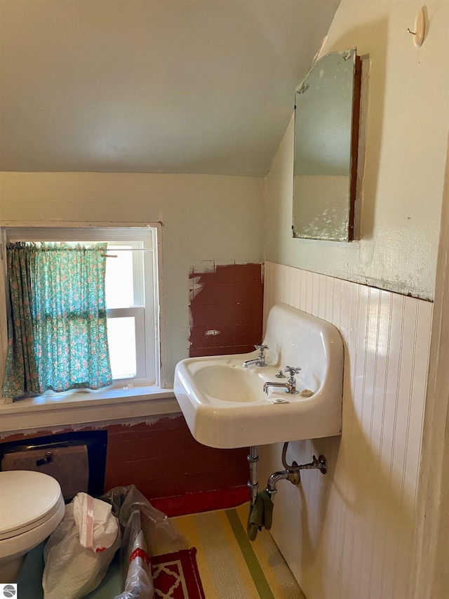 bathroom featuring toilet, lofted ceiling, and wainscoting