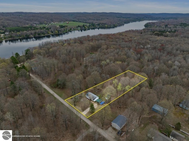 11420 Muskie Way, Ellsworth, MI 49729 - view of property location with a nearby body of water, a heavily wooded area, and property boundaries highlighted