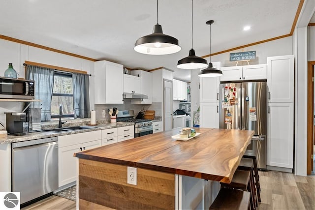 11420 Muskie Way, Ellsworth, MI 49729 - kitchen with stainless steel appliances, a sink, under cabinet range hood, crown molding, and wooden counters