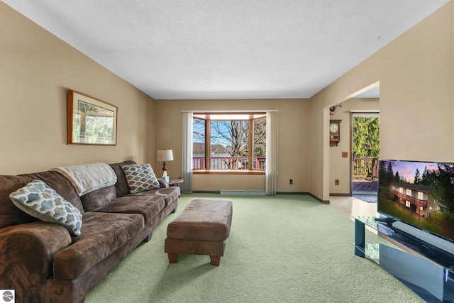 11531 S Tower Rd, Maple City, MI 49664 - living room with light carpet, baseboards, and a textured ceiling