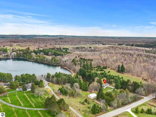 11531 S Tower Rd, Maple City, MI 49664 - aerial view of property and surrounding area featuring a nearby body of water and a heavily wooded area