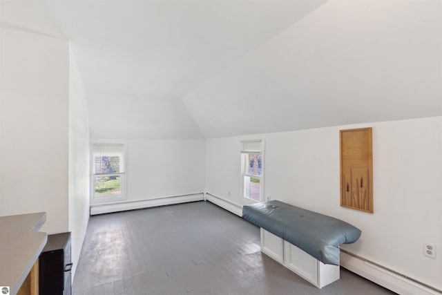 1040 Eastward St, Alma, MI 48801 - additional living space featuring a baseboard radiator, vaulted ceiling, baseboard heating, healthy amount of natural light, and dark wood-style floors