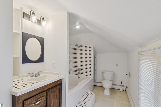 1040 Eastward St, Alma, MI 48801 - full bathroom with a shower, vaulted ceiling, baseboard heating, toilet, and vanity