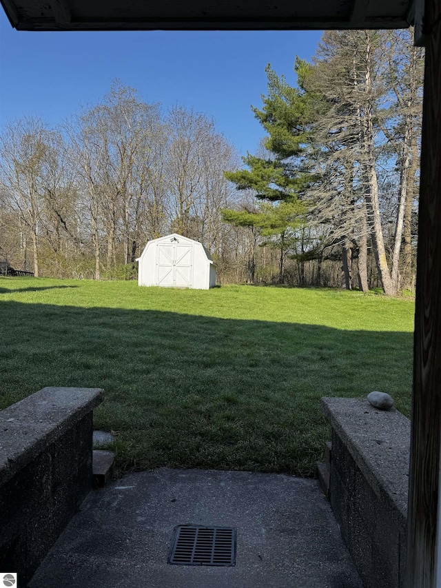 view of grassy yard featuring a storage shed and an outbuilding