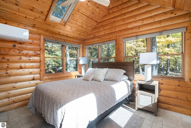 421 S Shabwasung St, Northport, MI 49670 - bedroom featuring a wall mounted AC, a skylight, vaulted ceiling, rustic walls, and light tile patterned floors