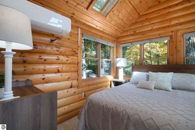421 S Shabwasung St, Northport, MI 49670 - bedroom featuring a skylight, lofted ceiling, and log walls