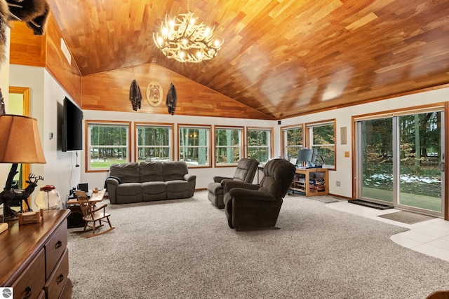 living area with wood ceiling, lofted ceiling, carpet flooring, a chandelier, and plenty of natural light