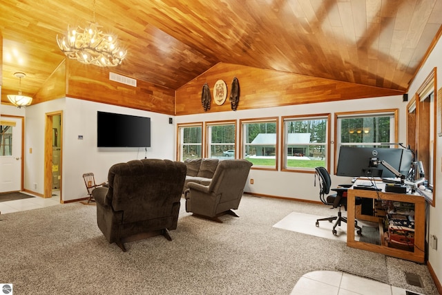 living room featuring wooden ceiling, lofted ceiling, carpet, a desk, and a chandelier