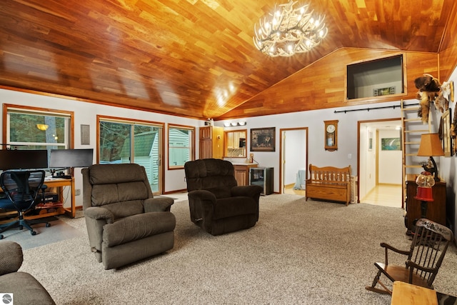 living room with wood ceiling, vaulted ceiling, carpet flooring, an office area, and a chandelier