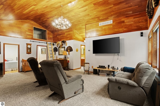carpeted living area with vaulted ceiling, wooden ceiling, a chandelier, and wood walls