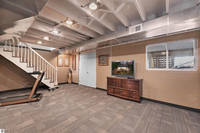 1750 S Schneider St, Lake City, MI 49651 - finished below grade area featuring carpet floors, stairway, and concrete block wall