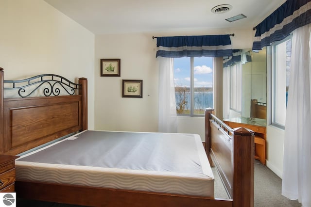 12225 SW Torch Lake Dr SW, Rapid City, MI 49676 - bedroom featuring carpet floors, baseboards, and a water view