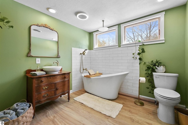 8481 E Houghton Lake Rd, Merritt, MI 49667 - bathroom with wood finished floors, vanity, a tile shower, a freestanding bath, and toilet
