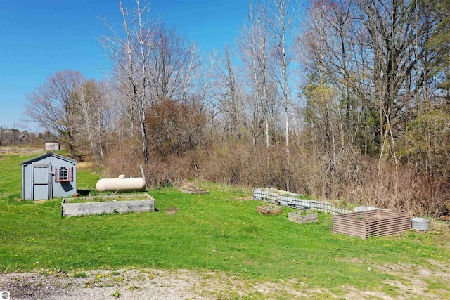 8481 E Houghton Lake Rd, Merritt, MI 49667 - view of grassy yard with a garden, a storage unit, and an outdoor structure