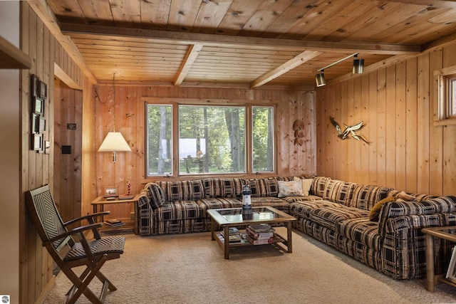 carpeted living area with wood ceiling, wooden walls, and beamed ceiling