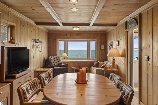 dining space featuring wooden ceiling, wood walls, beamed ceiling, and a water view