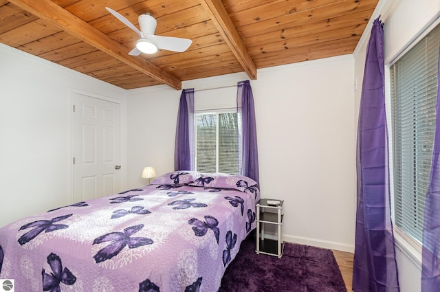bedroom with wood ceiling, beamed ceiling, wood finished floors, a ceiling fan, and baseboards