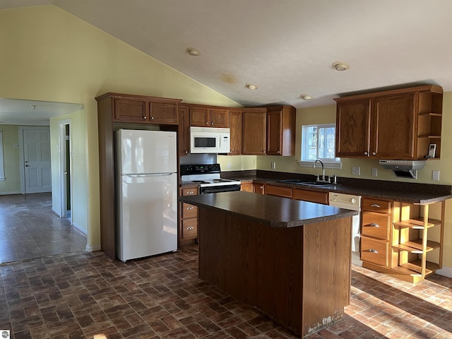kitchen featuring white appliances, open shelves, dark countertops, brick patterned floors, and a center island