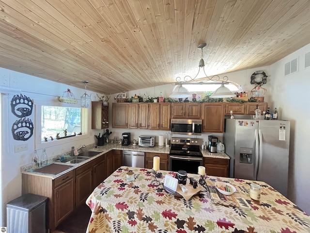 15831 SE M 72, Grayling, MI 49738 - kitchen with appliances with stainless steel finishes, a sink, wooden ceiling, lofted ceiling, and light countertops