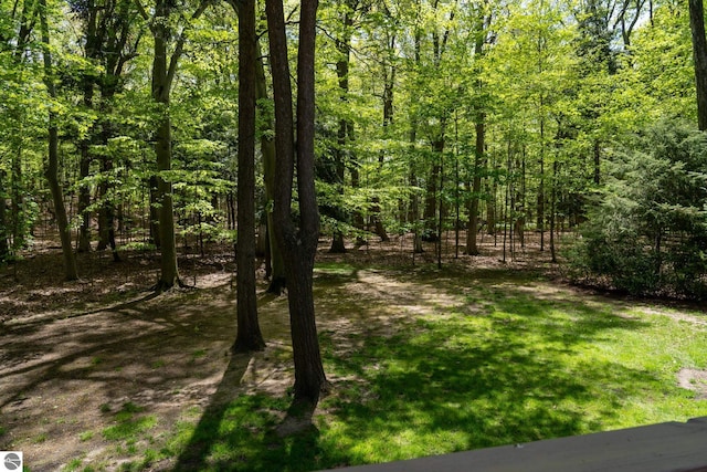 view of yard with a view of trees