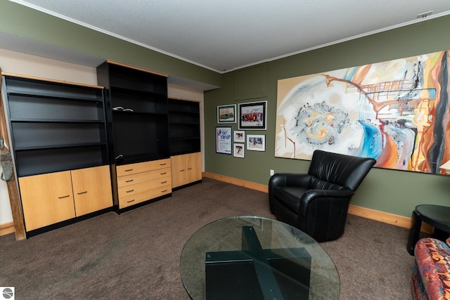 living room with dark carpet, crown molding, and baseboards