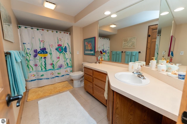 bathroom with toilet, vanity, recessed lighting, a shower with shower curtain, and tile patterned flooring