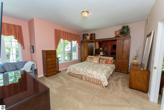 bedroom with light colored carpet, a textured ceiling, and baseboards